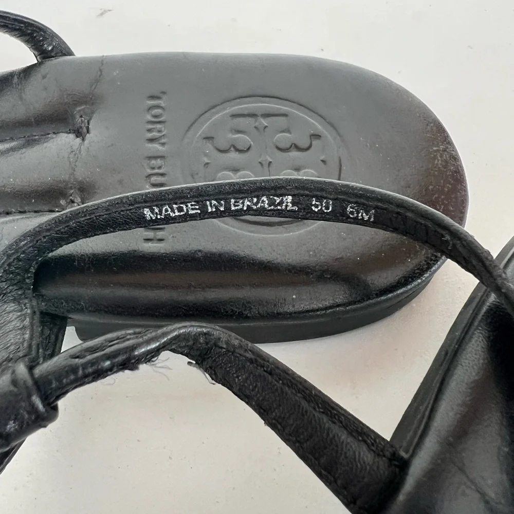 Tory Burch Emmy T-Strap Leather Sandals in Black with Gold Logo, size 6M - Picture 8 of 9